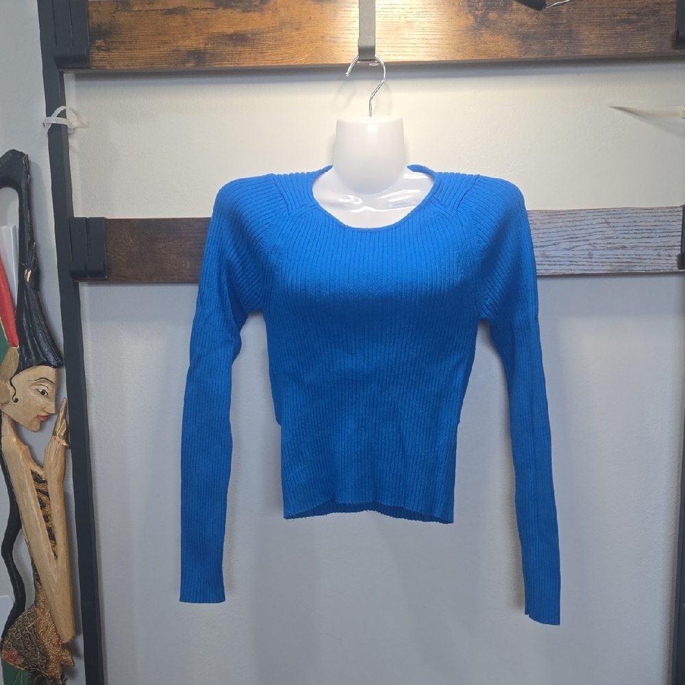 Mango Vibrant Blue Knit Cinched Crew Neck Sweater